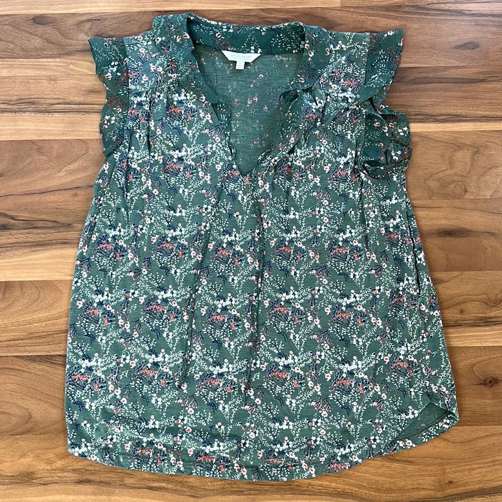 Lucky Brand green floral tank, tie neck